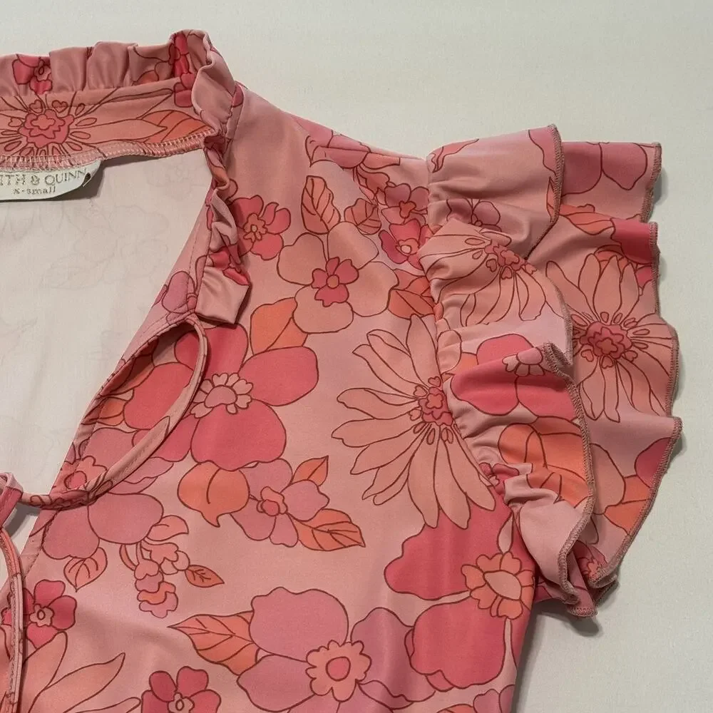SMITH & QUINN High smocked/ruffled split 60’s Retro Pink Floral Dress Size XSm - Picture 13 of 14